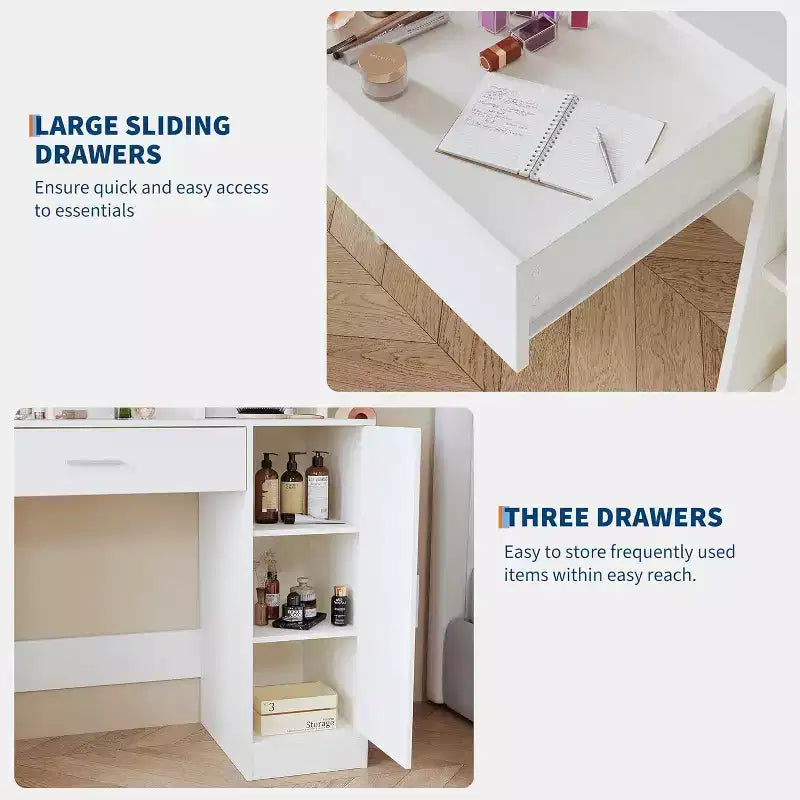 Coiffeuse avec miroir LED réglable, station de charge, tiroir et meuble de rangement, ensemble compact avec tabouret pour chambre et salon
