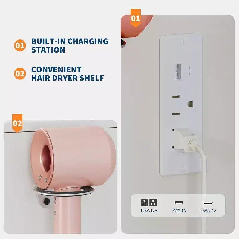 Coiffeuse avec miroir LED réglable, station de charge, tiroir et meuble de rangement, ensemble compact avec tabouret pour chambre et salon