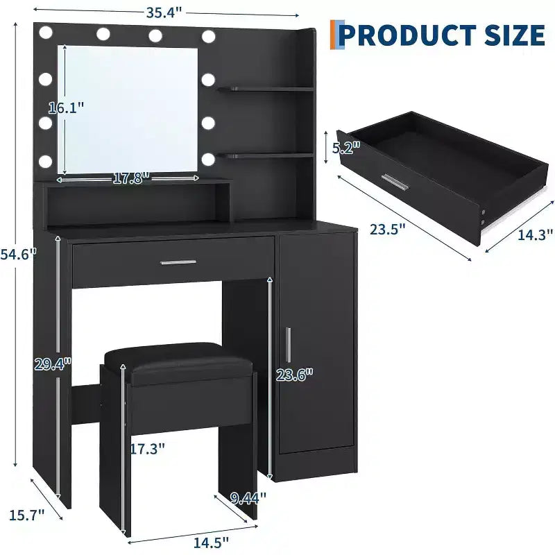 Coiffeuse avec miroir LED réglable, station de charge, tiroir et meuble de rangement, ensemble compact avec tabouret pour chambre et salon