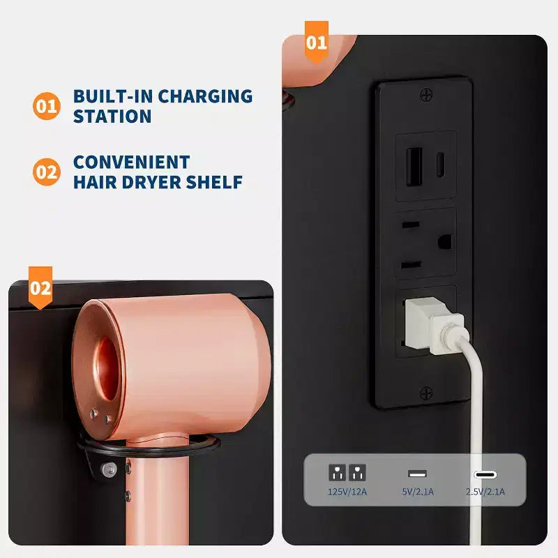 Coiffeuse avec miroir LED réglable, station de charge, tiroir et meuble de rangement, ensemble compact avec tabouret pour chambre et salon