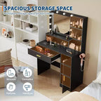 Coiffeuse avec miroir LED réglable, station de charge, tiroir et meuble de rangement, ensemble compact avec tabouret pour chambre et salon