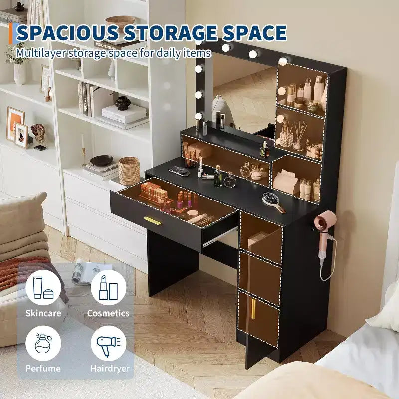 Coiffeuse avec miroir LED réglable, station de charge, tiroir et meuble de rangement, ensemble compact avec tabouret pour chambre et salon