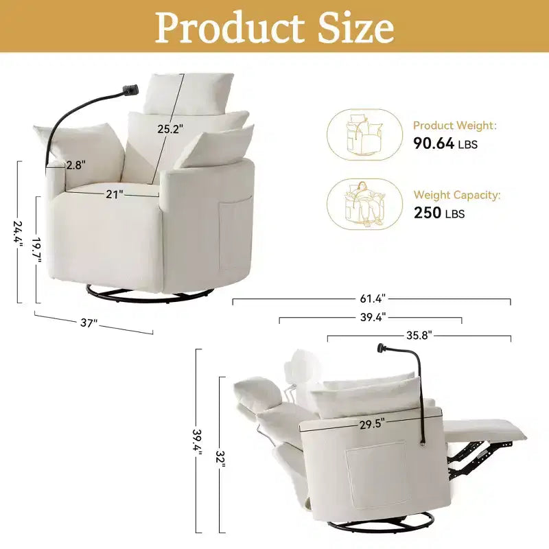 Fauteuil inclinable en chenille, fauteuil pivotant à 360° avec dossier et repose-pieds réglables, fauteuil à bascule avec support de téléphone, poches latérales - ModernLuxe