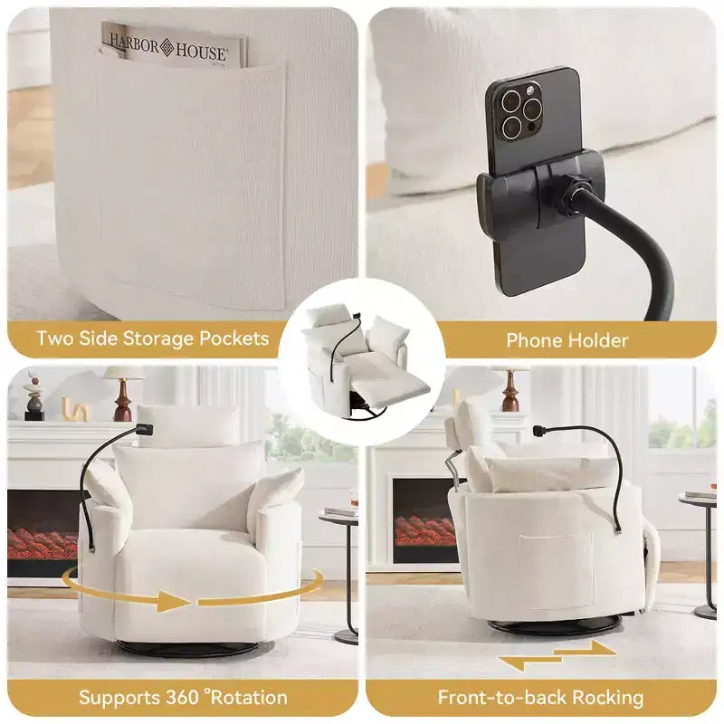 Fauteuil inclinable en chenille, fauteuil pivotant à 360° avec dossier et repose-pieds réglables, fauteuil à bascule avec support de téléphone, poches latérales - ModernLuxe