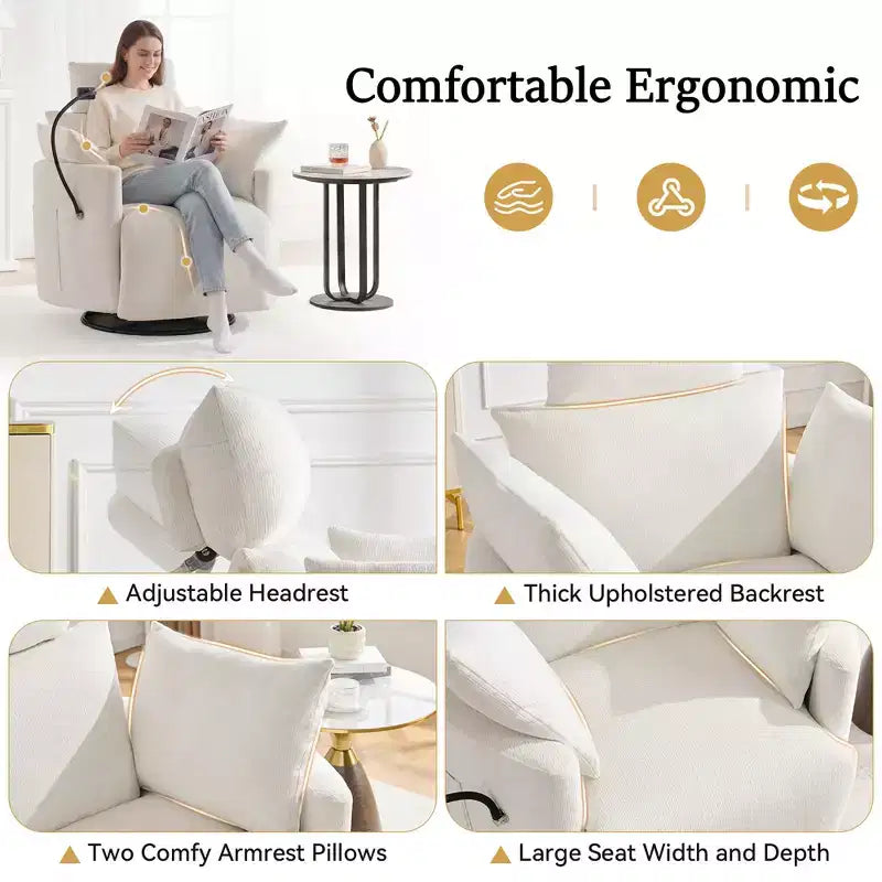 Fauteuil inclinable en chenille, fauteuil pivotant à 360° avec dossier et repose-pieds réglables, fauteuil à bascule avec support de téléphone, poches latérales - ModernLuxe