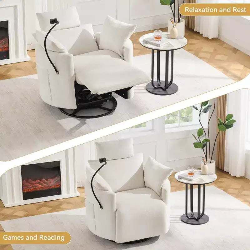 Fauteuil inclinable en chenille, fauteuil pivotant à 360° avec dossier et repose-pieds réglables, fauteuil à bascule avec support de téléphone, poches latérales - ModernLuxe