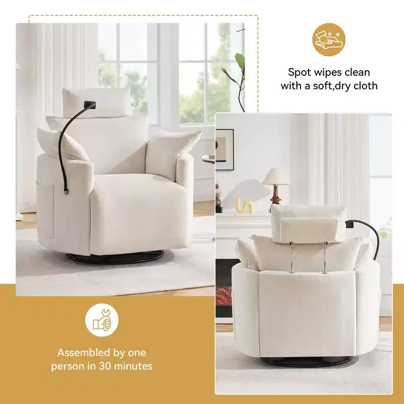 Fauteuil inclinable en chenille, fauteuil pivotant à 360° avec dossier et repose-pieds réglables, fauteuil à bascule avec support de téléphone, poches latérales - ModernLuxe