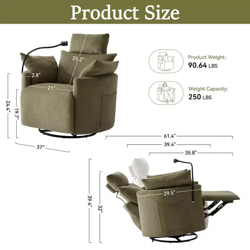 Fauteuil inclinable en chenille, fauteuil pivotant à 360° avec dossier et repose-pieds réglables, fauteuil à bascule avec support de téléphone, poches latérales - ModernLuxe