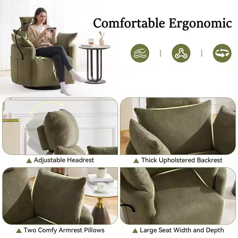 Fauteuil inclinable en chenille, fauteuil pivotant à 360° avec dossier et repose-pieds réglables, fauteuil à bascule avec support de téléphone, poches latérales - ModernLuxe