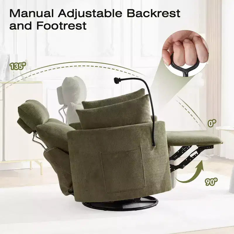 Fauteuil inclinable en chenille, fauteuil pivotant à 360° avec dossier et repose-pieds réglables, fauteuil à bascule avec support de téléphone, poches latérales - ModernLuxe