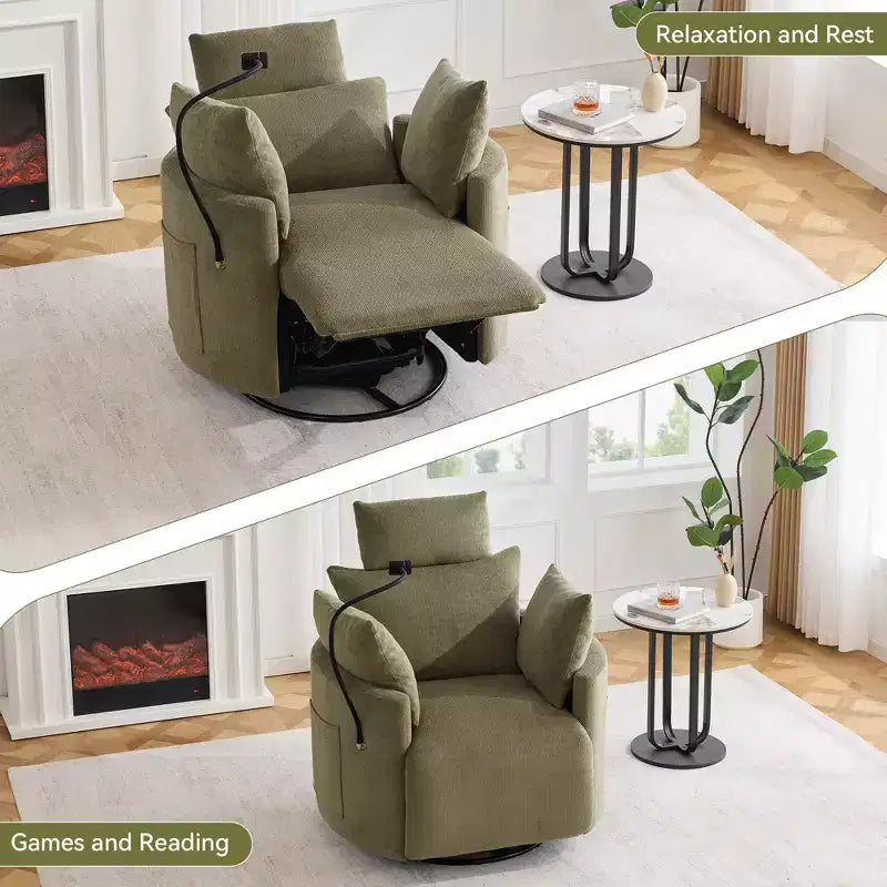 Fauteuil inclinable en chenille, fauteuil pivotant à 360° avec dossier et repose-pieds réglables, fauteuil à bascule avec support de téléphone, poches latérales - ModernLuxe