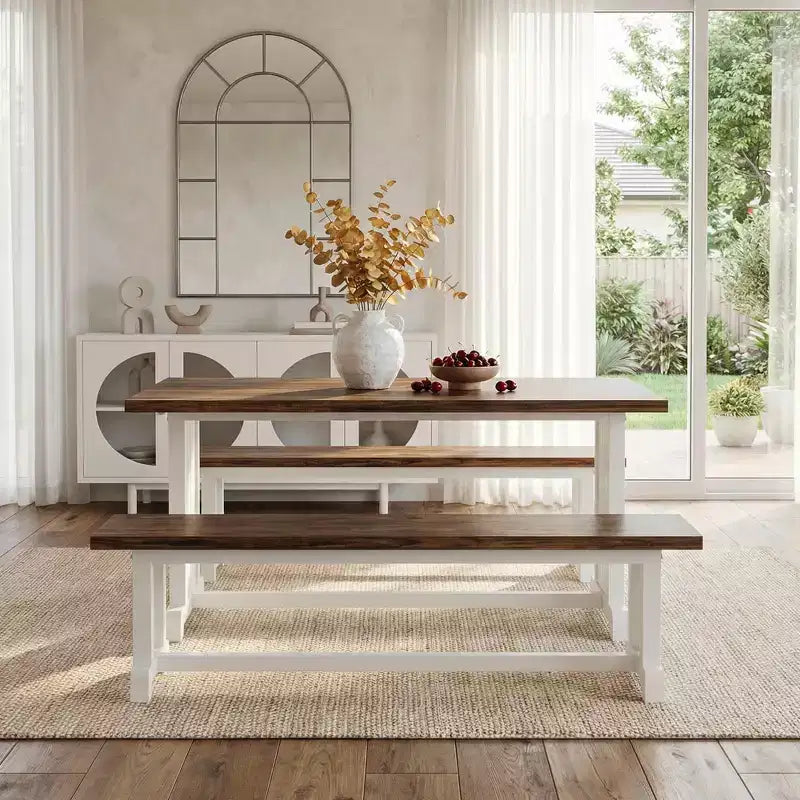 MAYEERTY Ensemble de salle à manger 3 pièces de style fermier avec table et bancs, 4 à 6 places, structure robuste en MDF et métal, mobilier polyvalent pour la maison ou le café