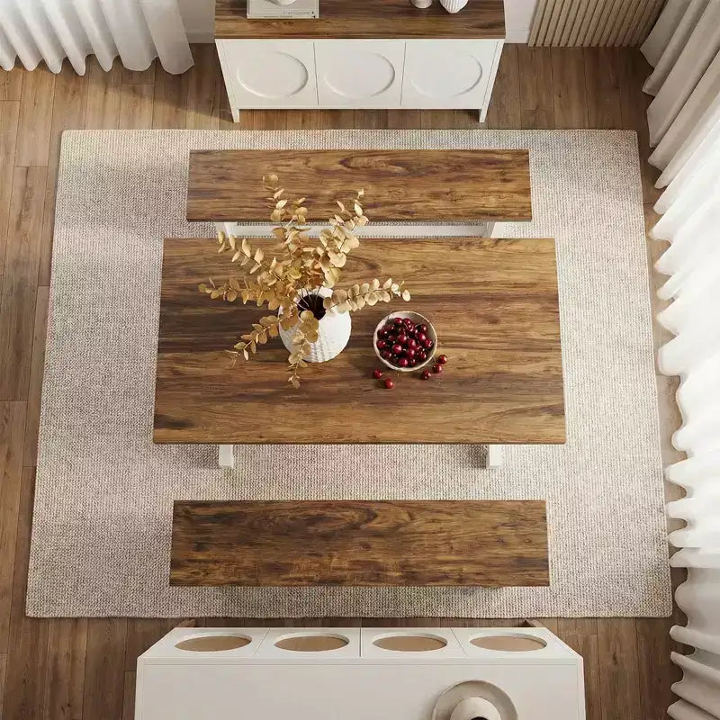 MAYEERTY Ensemble de salle à manger 3 pièces de style fermier avec table et bancs, 4 à 6 places, structure robuste en MDF et métal, mobilier polyvalent pour la maison ou le café