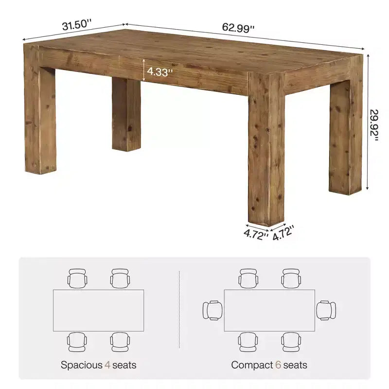 MAYEERTY 63 Table de salle à manger rustique en bois massif, plateau épais, 4 à 6 places, cuisine et bureau