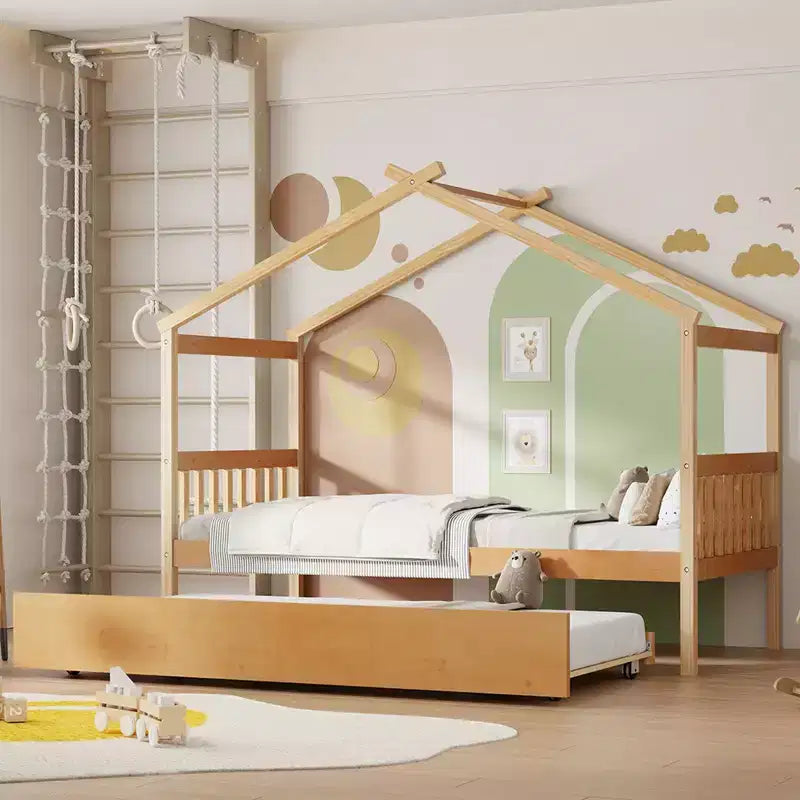 Bellemave House Bed with Twin Trundle, Wooden Montessori Playhouse Platform Bed Frame for Kids, Full/Twin Size, Natural & White