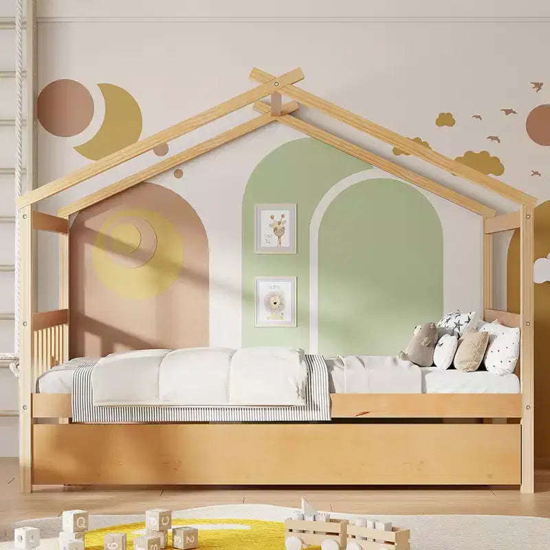 Lit de maison Bellemave avec lit gigogne double, cadre de lit plateforme Montessori en bois pour enfants, taille double/simple, naturel et blanc