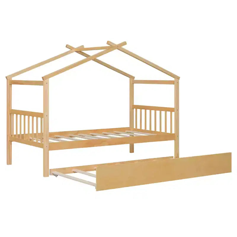 Lit de maison Bellemave avec lit gigogne double, cadre de lit plateforme Montessori en bois pour enfants, taille double/simple, naturel et blanc