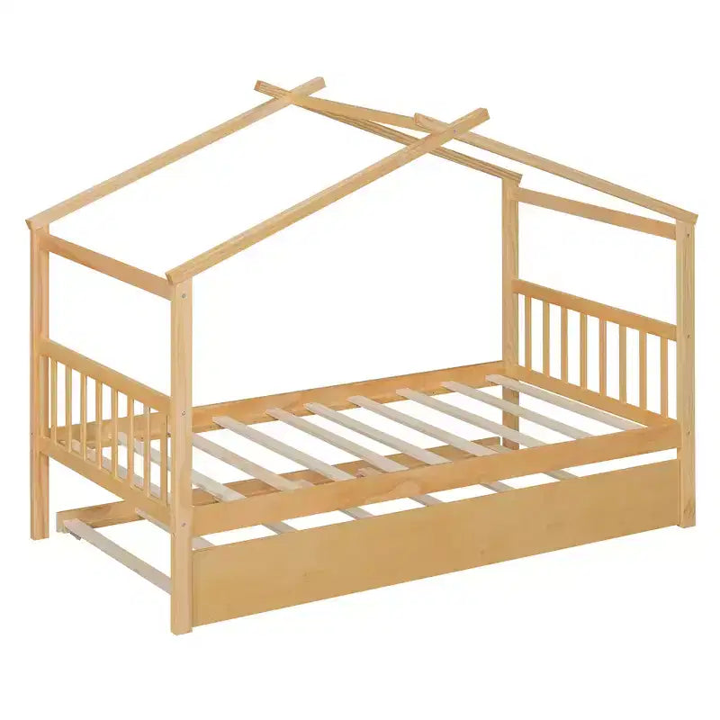 Lit de maison Bellemave avec lit gigogne double, cadre de lit plateforme Montessori en bois pour enfants, taille double/simple, naturel et blanc