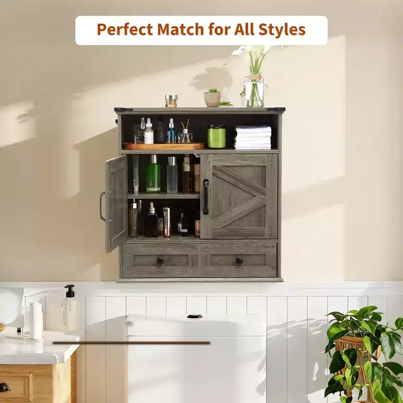 Armoire murale de salle de bain de style ferme avec portes coulissantes et tiroirs, organisateur de rangement de médicaments en bois à 5 niveaux, étagère réglable à double porte pour la cuisine