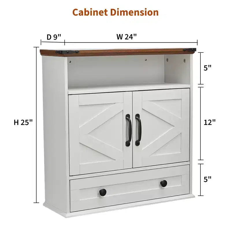 Armoire murale de salle de bain de style ferme avec portes coulissantes et tiroirs, organisateur de rangement de médicaments en bois à 5 niveaux, étagère réglable à double porte pour la cuisine