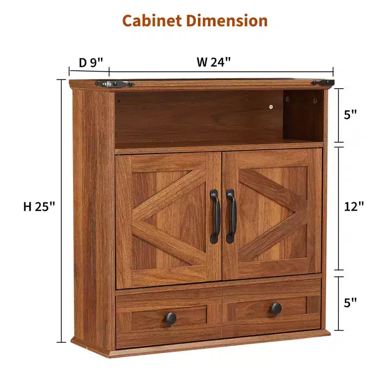 Armoire murale de salle de bain de style ferme avec portes coulissantes et tiroirs, organisateur de rangement de médicaments en bois à 5 niveaux, étagère réglable à double porte pour la cuisine