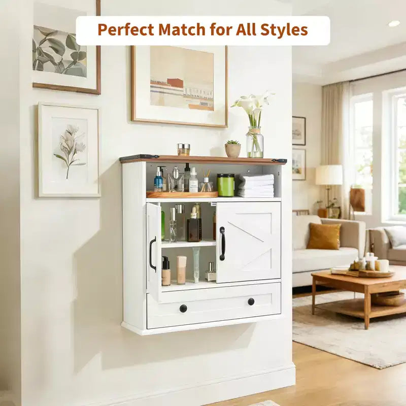 Armoire murale de salle de bain de style ferme avec portes coulissantes et tiroirs, organisateur de rangement de médicaments en bois à 5 niveaux, étagère réglable à double porte pour la cuisine