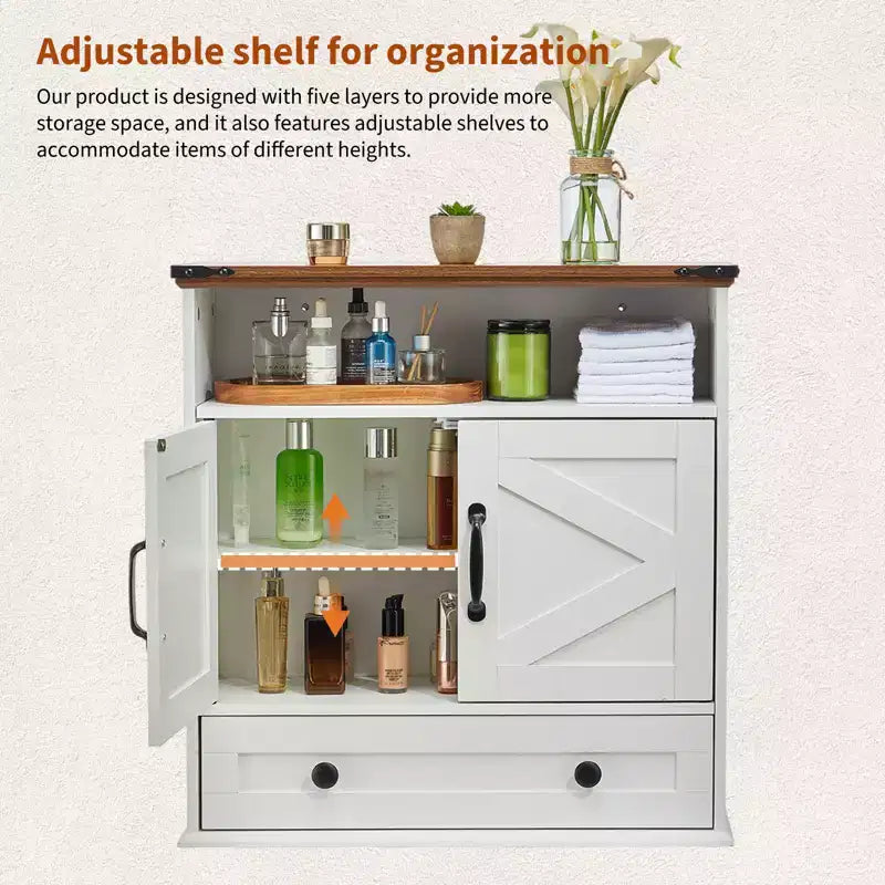 Armoire murale de salle de bain de style ferme avec portes coulissantes et tiroirs, organisateur de rangement de médicaments en bois à 5 niveaux, étagère réglable à double porte pour la cuisine