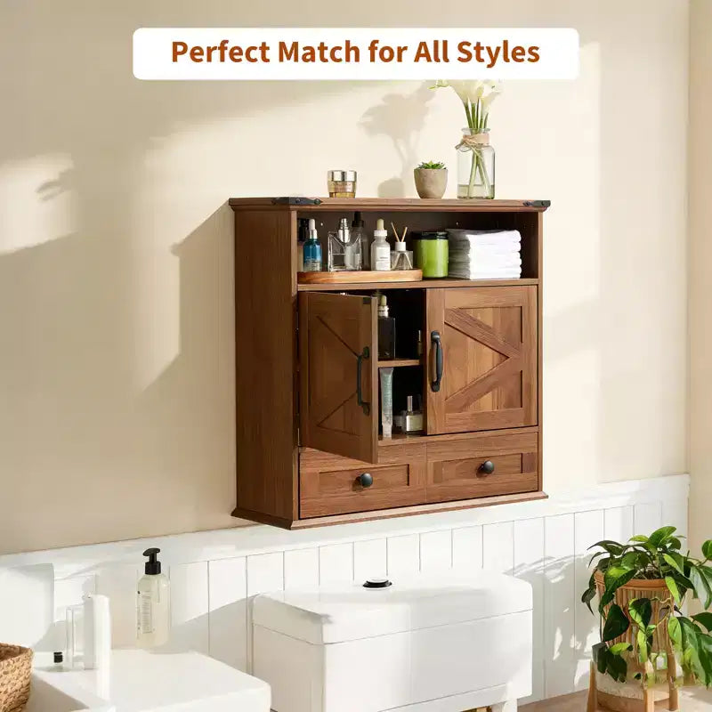 Armoire murale de salle de bain de style ferme avec portes coulissantes et tiroirs, organisateur de rangement de médicaments en bois à 5 niveaux, étagère réglable à double porte pour la cuisine