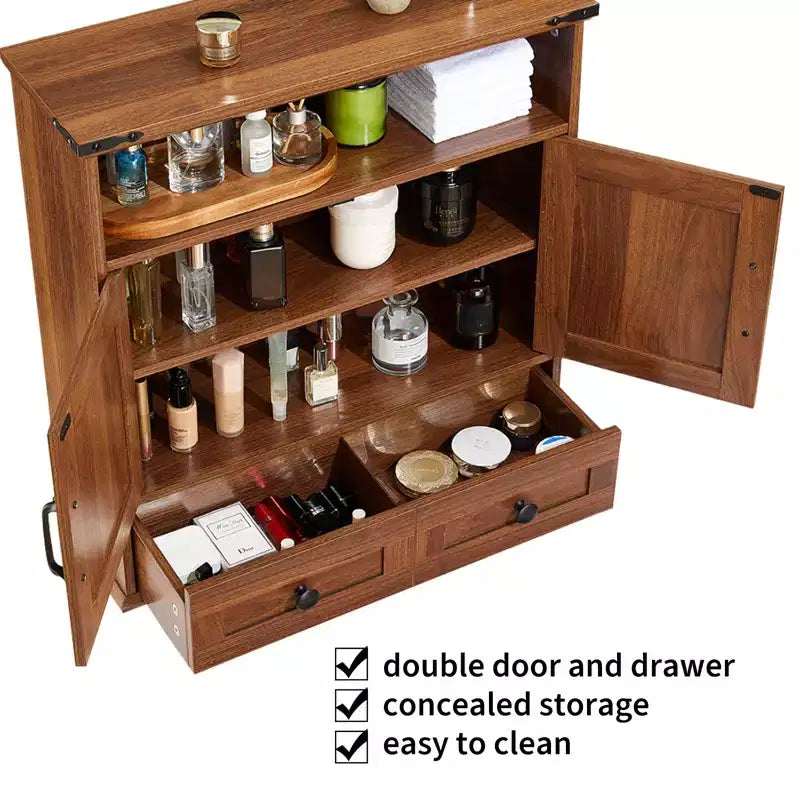 Armoire murale de salle de bain de style ferme avec portes coulissantes et tiroirs, organisateur de rangement de médicaments en bois à 5 niveaux, étagère réglable à double porte pour la cuisine