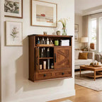 Farmhouse Bathroom Wall Cabinet with Barn Doors & Drawers, 5-Tier Wood Medicine Storage Organizer, Double Door Adjustable Shelf for Kitchen