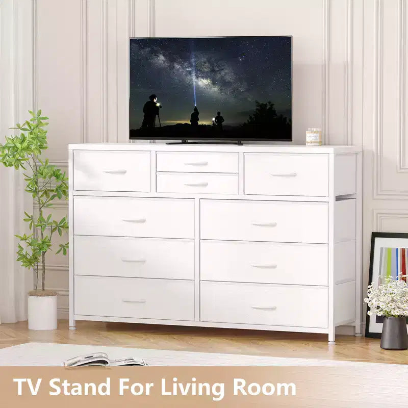 Commode moderne à 10 tiroirs et meuble TV avec plateau en bois, cadre en métal et tiroirs en tissu pour chambre à coucher, salon et rangement de placard