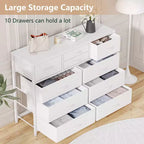 Commode moderne à 10 tiroirs et meuble TV avec plateau en bois, cadre en métal et tiroirs en tissu pour chambre à coucher, salon et rangement de placard