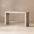 Jennifer Taylor Home Veda 63 Reclaimed Wood Stacked Geometric Waterfall Console Table, Whitewashed Natural Reclaimed Pine Wood