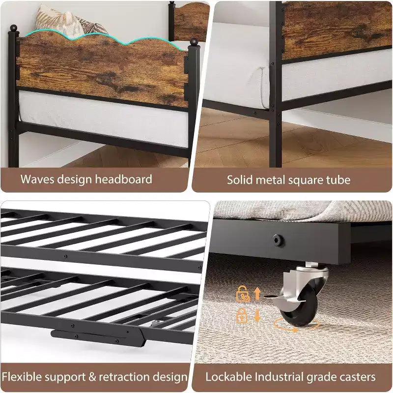 Lit de repos jumeau avec lit gigogne, cadre en métal avec tête de lit en grain de bois ondulé, roulettes verrouillables, canapé-lit peu encombrant, aucun sommier tapissier requis