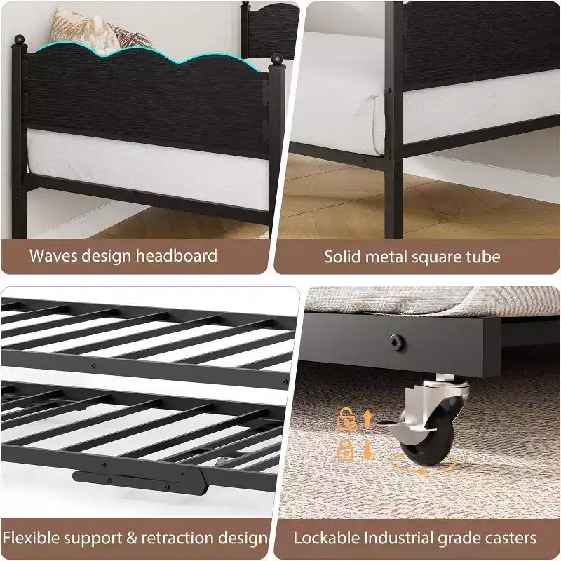 Lit de repos jumeau avec lit gigogne, cadre en métal avec tête de lit en grain de bois ondulé, roulettes verrouillables, canapé-lit peu encombrant, aucun sommier tapissier requis