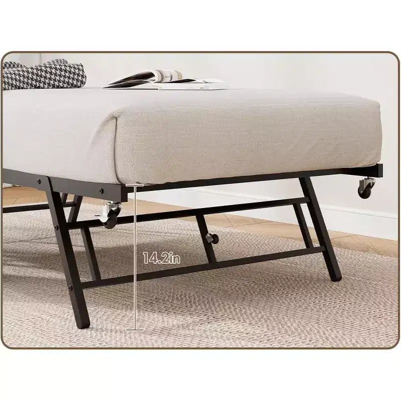 Lit de repos jumeau avec lit gigogne, cadre en métal avec tête de lit en grain de bois ondulé, roulettes verrouillables, canapé-lit peu encombrant, aucun sommier tapissier requis