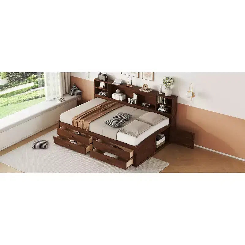 Lit Capitaine en Bois Grand Modèle avec Étagères de Rangement, 4 Tiroirs et 2 Armoires, Marron Antiqué