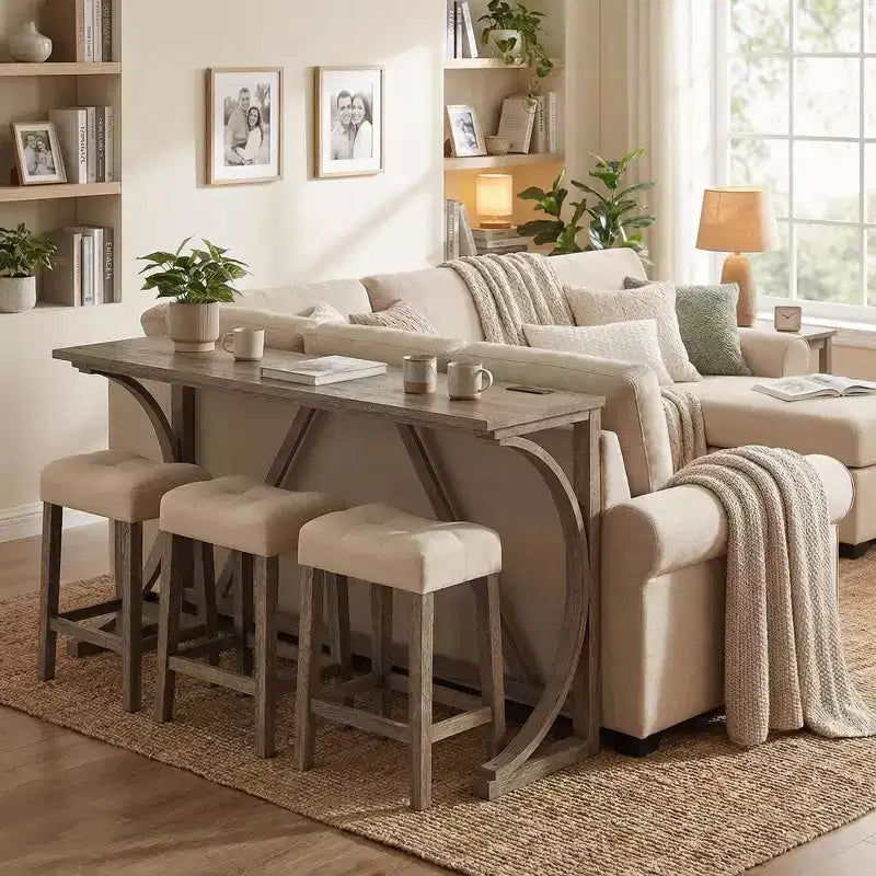 Ensemble de table de bar 4 pièces FurnitureR avec 3 tabourets rembourrés, ensemble de salle à manger hauteur comptoir avec chargement USB, bar de cuisine peu encombrant pour petits espaces