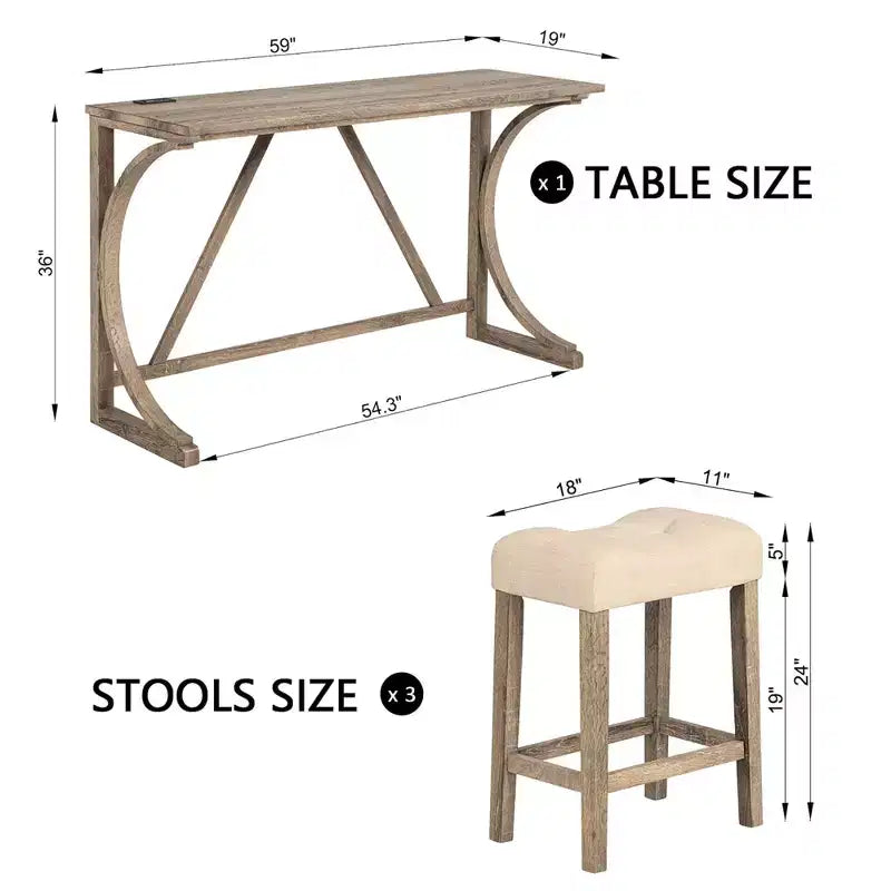 Ensemble de table de bar 4 pièces FurnitureR avec 3 tabourets rembourrés, ensemble de salle à manger hauteur comptoir avec chargement USB, bar de cuisine peu encombrant pour petits espaces