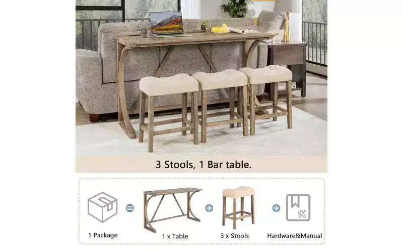 Ensemble de table de bar 4 pièces FurnitureR avec 3 tabourets rembourrés, ensemble de salle à manger hauteur comptoir avec chargement USB, bar de cuisine peu encombrant pour petits espaces