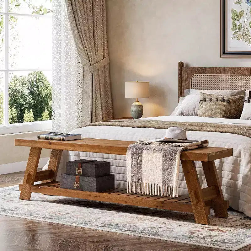 Banc de rangement pour chaussures en bois massif Lantine 63, banc d'entrée de style ferme avec étagère de rangement, banc de salle à manger pour entrée, chambre à coucher, buanderie, marron rustique