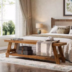Banc de rangement pour chaussures en bois massif Lantine 63, banc d'entrée de style ferme avec étagère de rangement, banc de salle à manger pour entrée, chambre à coucher, buanderie, marron rustique