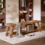 Banc de rangement pour chaussures en bois massif Lantine 63, banc d'entrée de style ferme avec étagère de rangement, banc de salle à manger pour entrée, chambre à coucher, buanderie, marron rustique