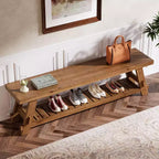 Banc de rangement pour chaussures en bois massif Lantine 63, banc d'entrée de style ferme avec étagère de rangement, banc de salle à manger pour entrée, chambre à coucher, buanderie, marron rustique