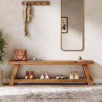 Banc de rangement pour chaussures en bois massif Lantine 63, banc d'entrée de style ferme avec étagère de rangement, banc de salle à manger pour entrée, chambre à coucher, buanderie, marron rustique