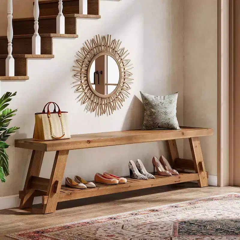 Banc de rangement pour chaussures en bois massif Lantine 63, banc d'entrée de style ferme avec étagère de rangement, banc de salle à manger pour entrée, chambre à coucher, buanderie, marron rustique