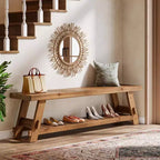Banc de rangement pour chaussures en bois massif Lantine 63, banc d'entrée de style ferme avec étagère de rangement, banc de salle à manger pour entrée, chambre à coucher, buanderie, marron rustique