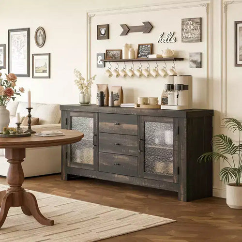 54.4 Buffet Bahut avec 2 Portes en Verre et 3 Tiroirs pour Salon, Cuisine, Salle à Manger