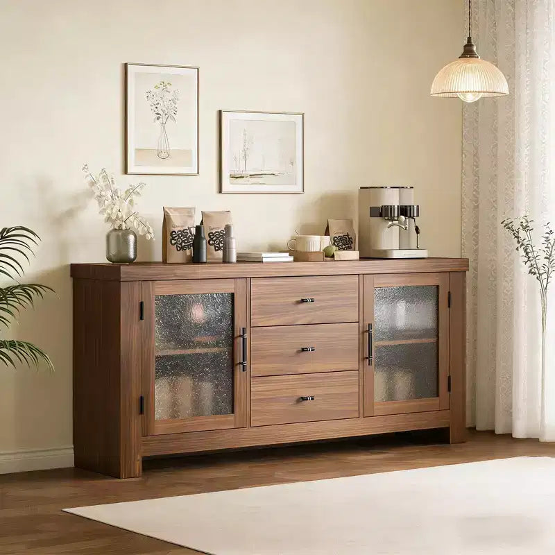 54.4 Buffet Bahut avec 2 Portes en Verre et 3 Tiroirs pour Salon, Cuisine, Salle à Manger