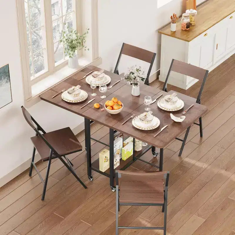 47 Ensemble de salle à manger pliant 5 pièces de style ferme pour 4 personnes - Table pliante en bois sur roulettes et 4 chaises pliantes - Cadre en acier robuste, peu encombrant pour appartement